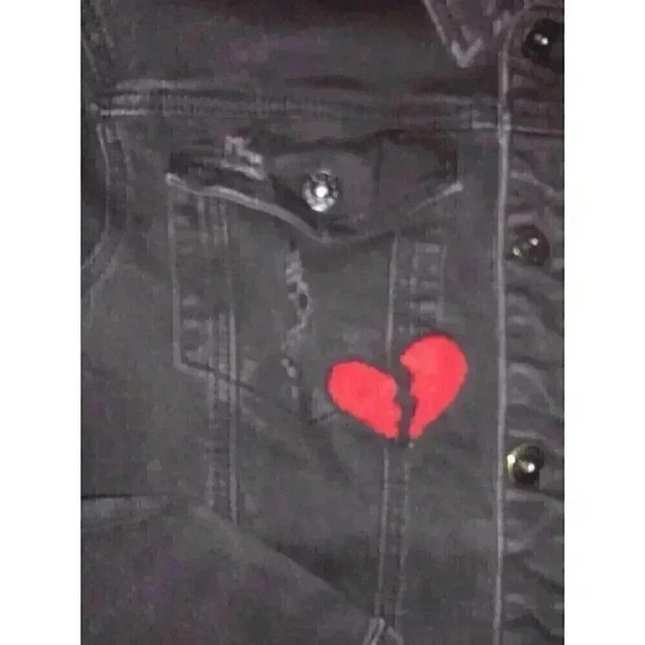 Kloud9 Unisex Medium Black Denim Jacket Destroyed Logo Heartbreaker Embellished - Picture 5 of 11